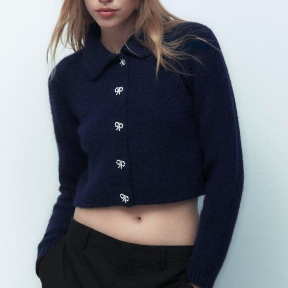 Zara Sweaters - Zara Navy Blue Cropped Cardigan with Bow Jewels Buttons